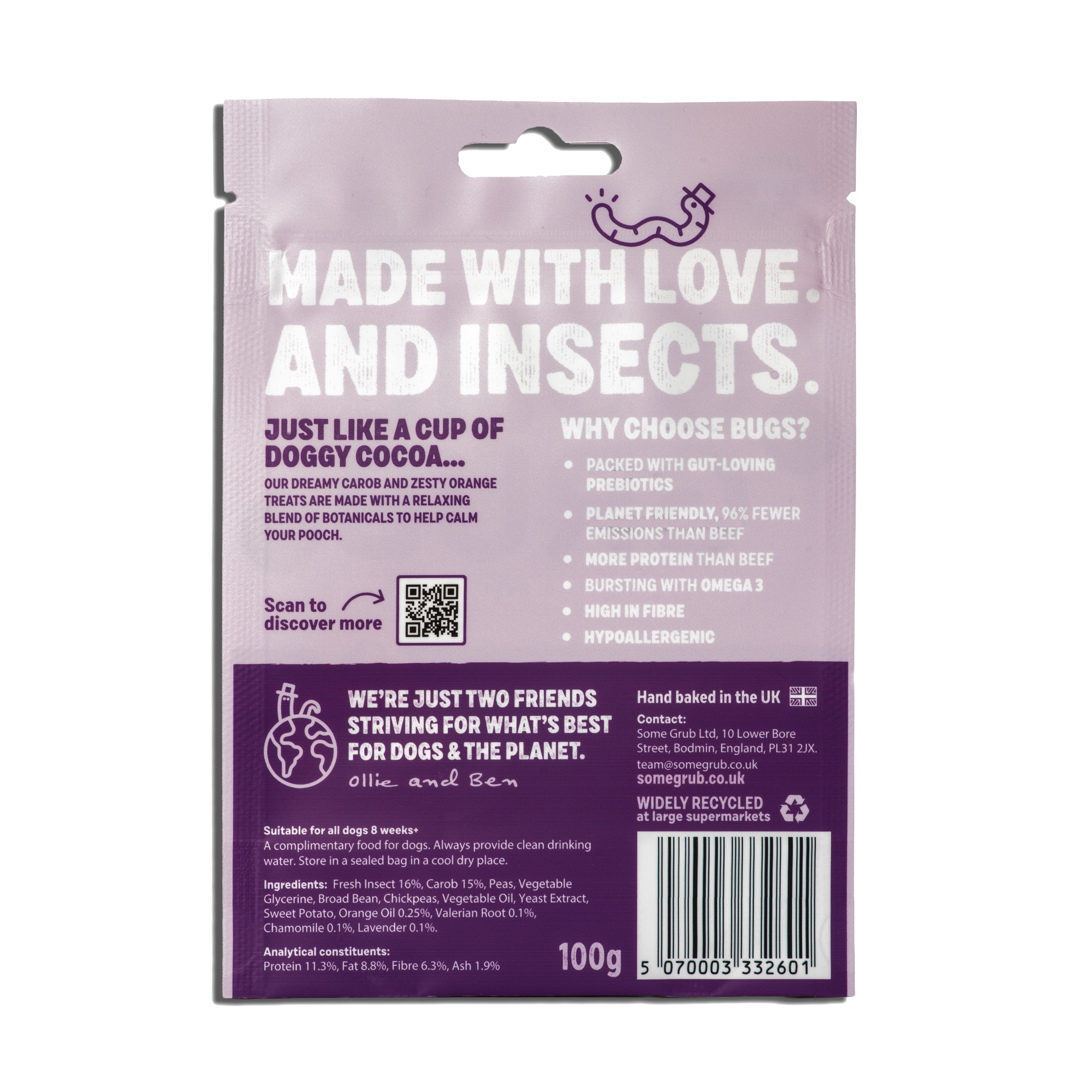 Purple packaging with text about insect-based dog treats on a white background