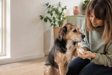 An owner calmly checks a dog's front paw for changes