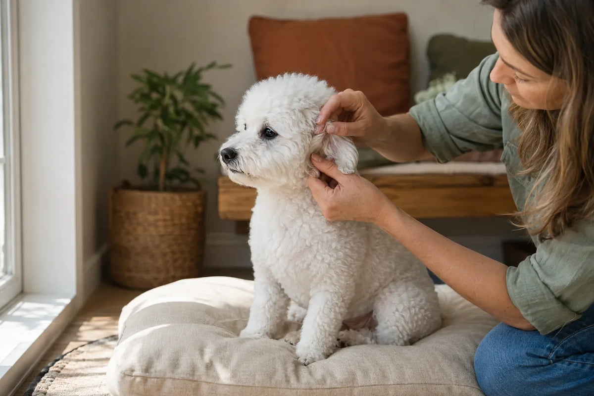 An owner gently checks beside one healthy Bichon Frise ear