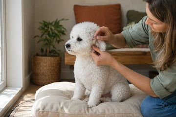 An owner gently checks beside one healthy Bichon Frise ear