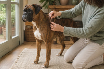 An owner gently checks the normal skin beneath a brindle Boxer's short coat