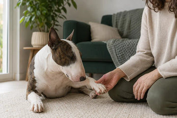 An owner calmly checks one healthy Bull Terrier front paw