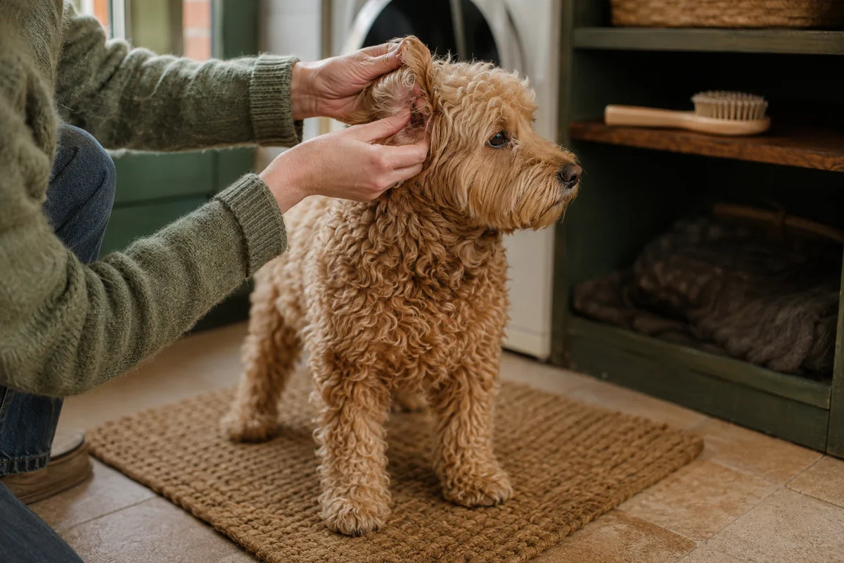 An owner gently checks the skin behind a Cockapoo's ear