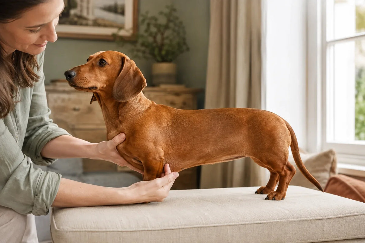 An owner supports a healthy Dachshund while checking the lower chest and belly edge