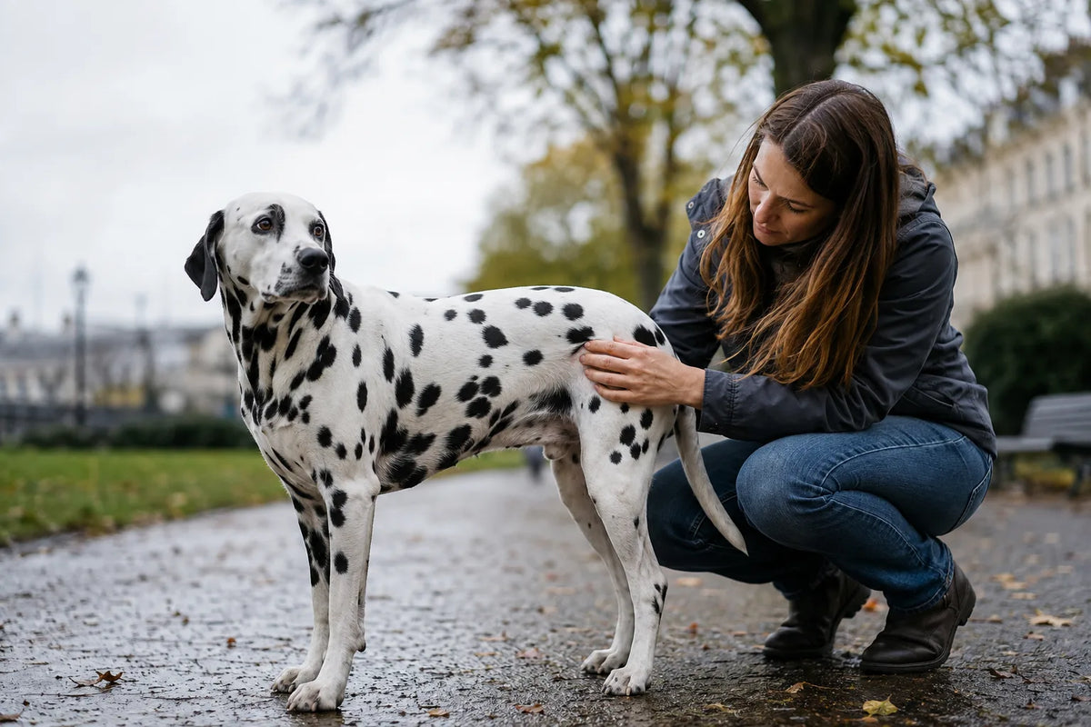 An owner gently checks a Dalmatian's healthy flank after a rainy park walk