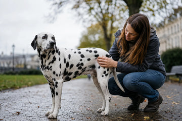 An owner gently checks a Dalmatian's healthy flank after a rainy park walk