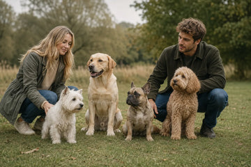 A Westie, Labrador, French Bulldog and Cockapoo with their owners in a park