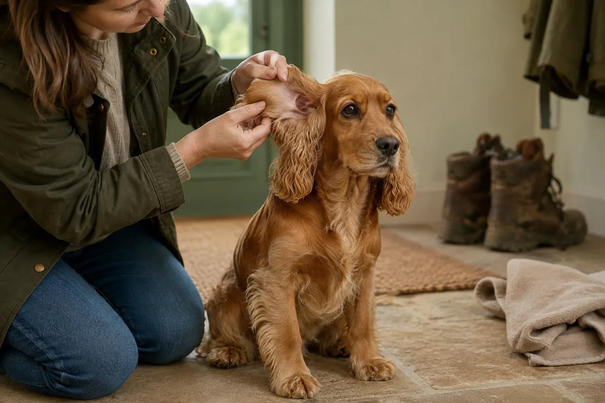 An owner gently checks the outer ear of a healthy English Cocker Spaniel after a walk