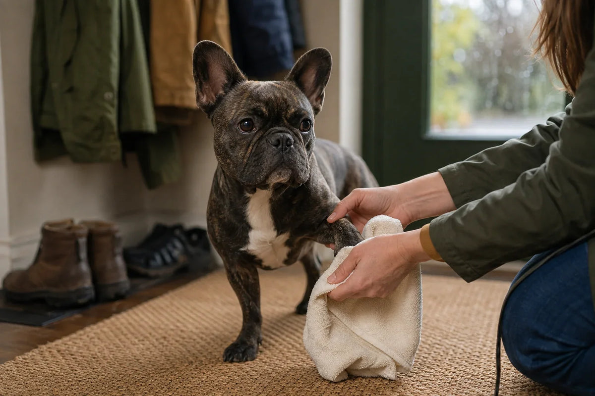 An owner gently dries and checks a French Bulldog's paw after a walk