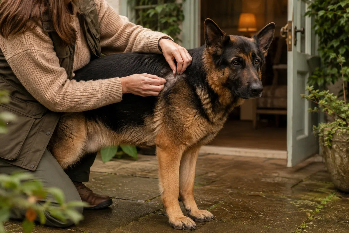 An owner gently parts a German Shepherd's shoulder coat to check the normal skin