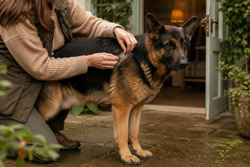 An owner gently parts a German Shepherd's shoulder coat to check the normal skin