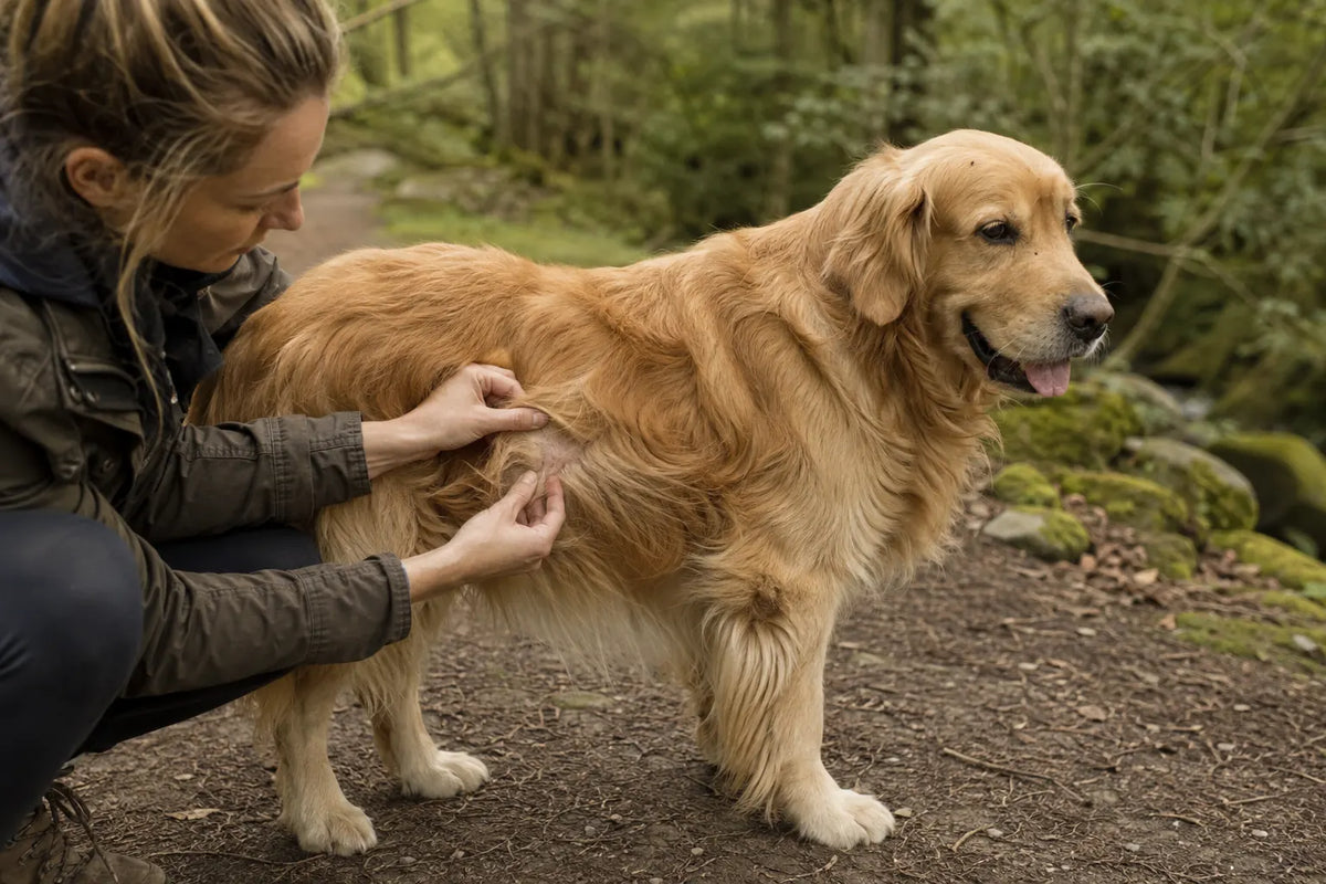 An owner gently parts a Golden Retriever's coat beside a woodland path