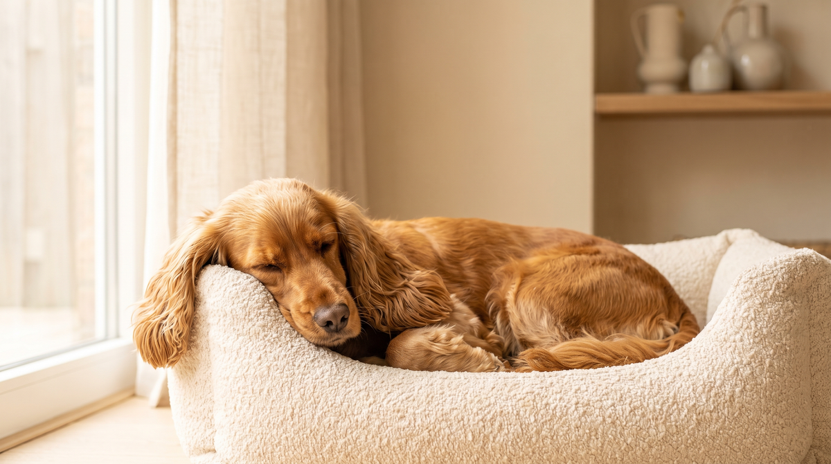 A relaxed cocker spaniel asleep in a cream dog bed