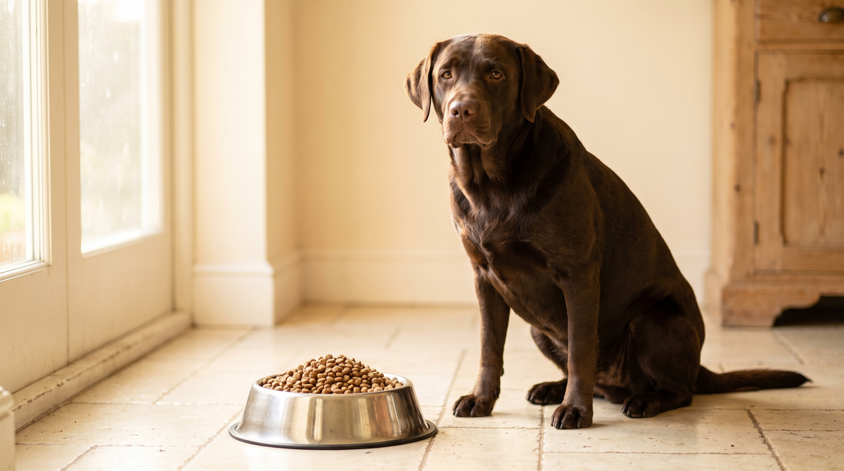 A labrador waiting patiently beside a bowl of food