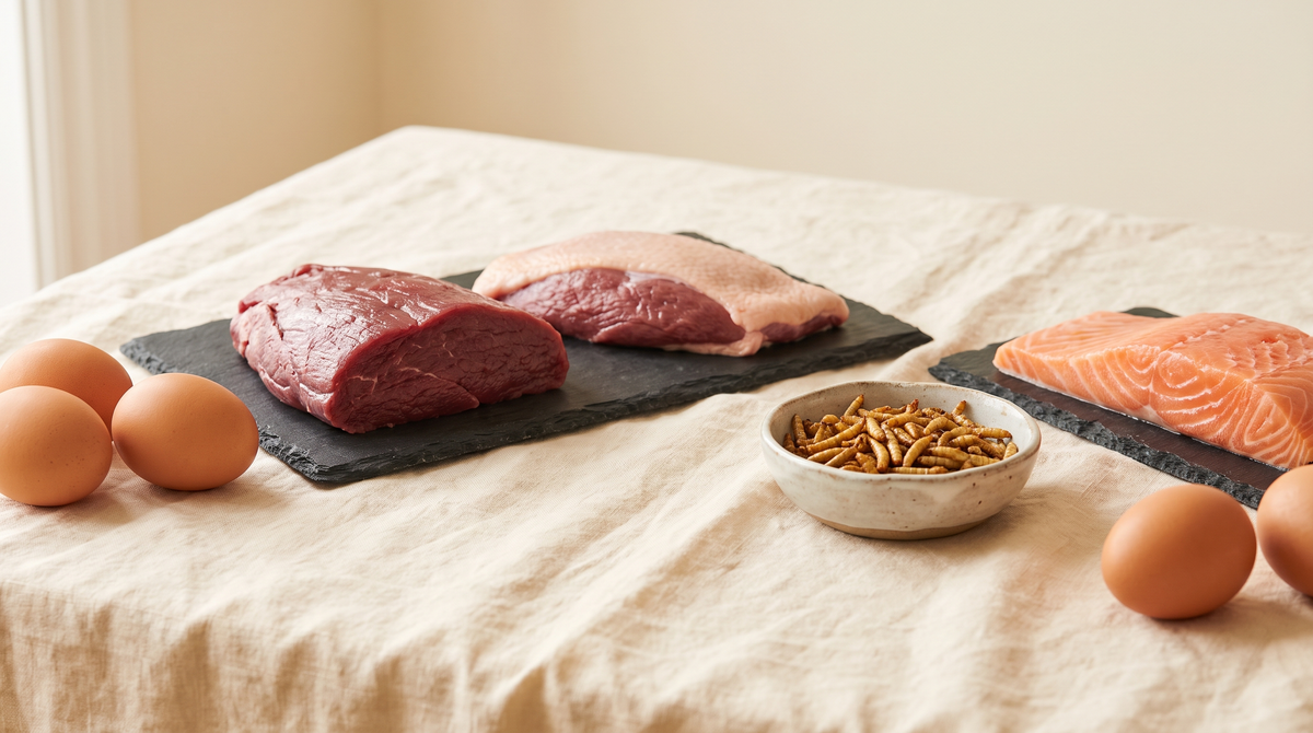 Novel protein sources for dogs laid out on linen
