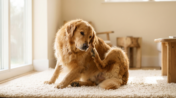 A golden retriever scratching its ear