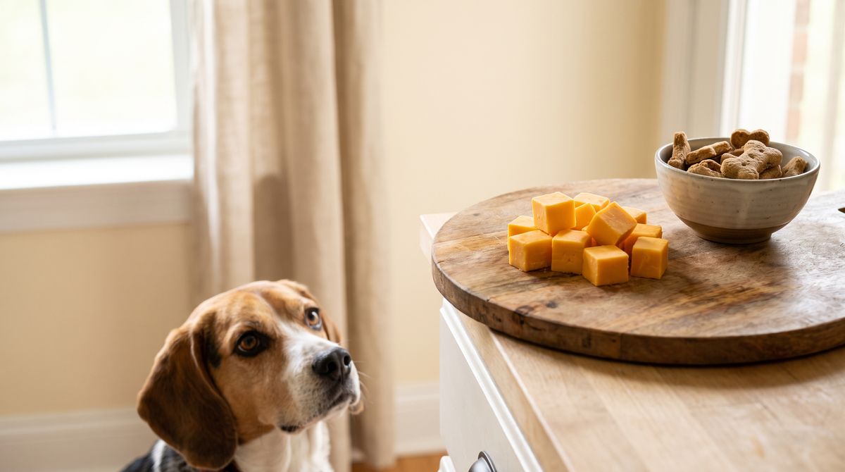 A beagle looking up at cubes of cheese