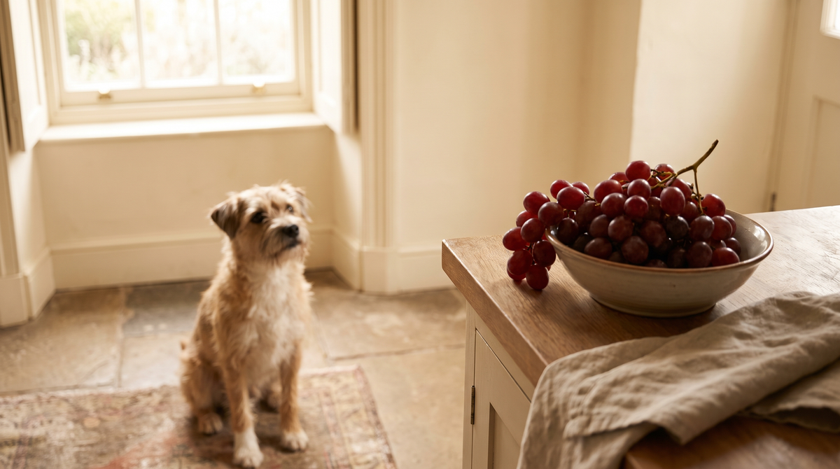 A terrier looking up at grapes on a counter