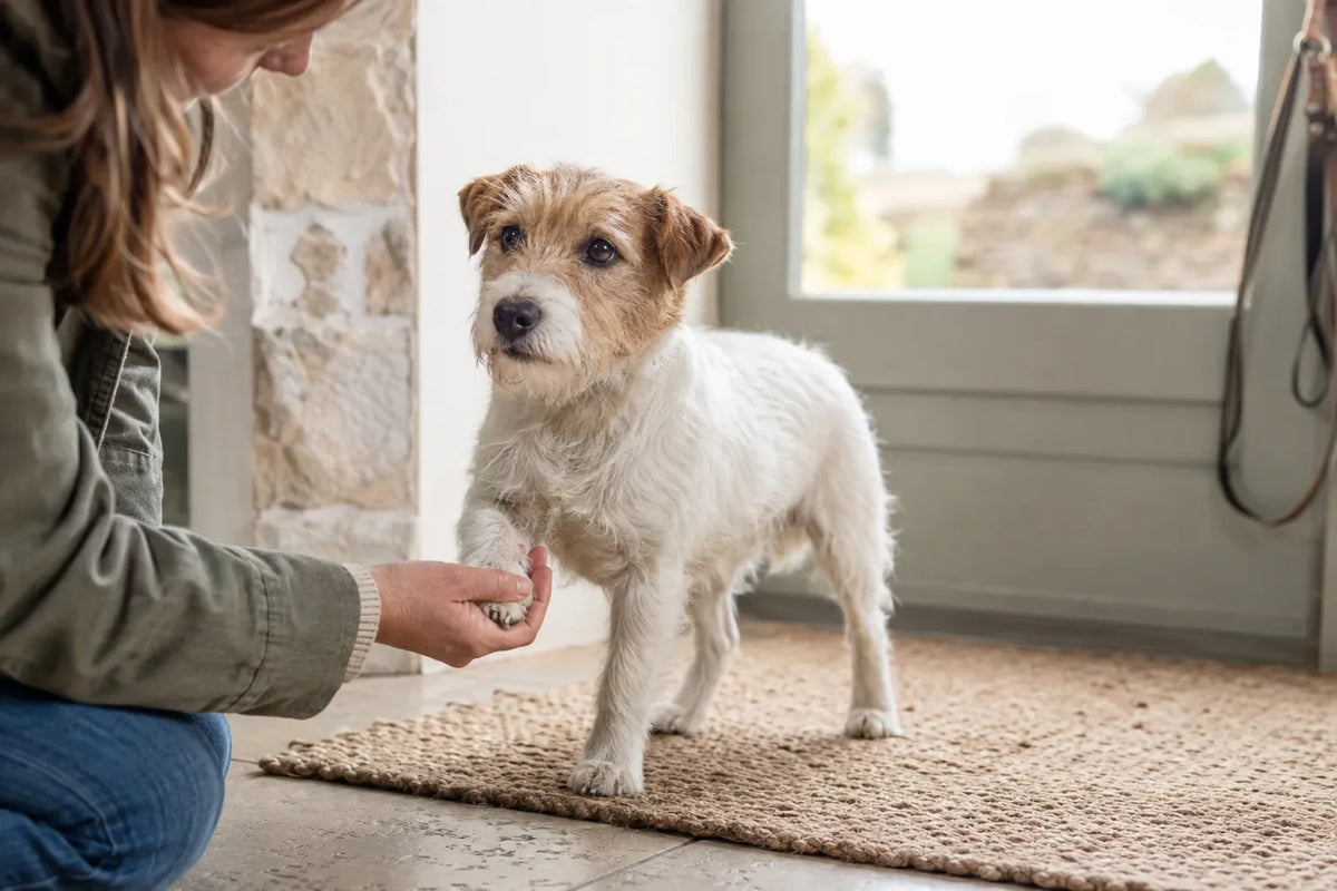 An owner gently checks one healthy Jack Russell Terrier front paw