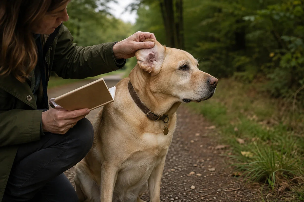 An owner gently checks a Labrador's ear beside a woodland path