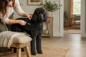 An owner gently parts a Poodle's shoulder curls to check normal skin