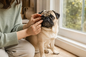 An owner gently checks beside one Pug facial fold in daylight