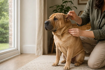 An owner gently checks the outer ear and neck fold of a healthy Shar Pei