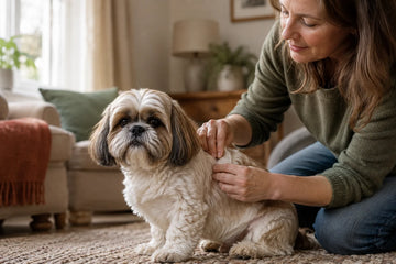 An owner gently parts a Shih Tzu's healthy shoulder coat in daylight