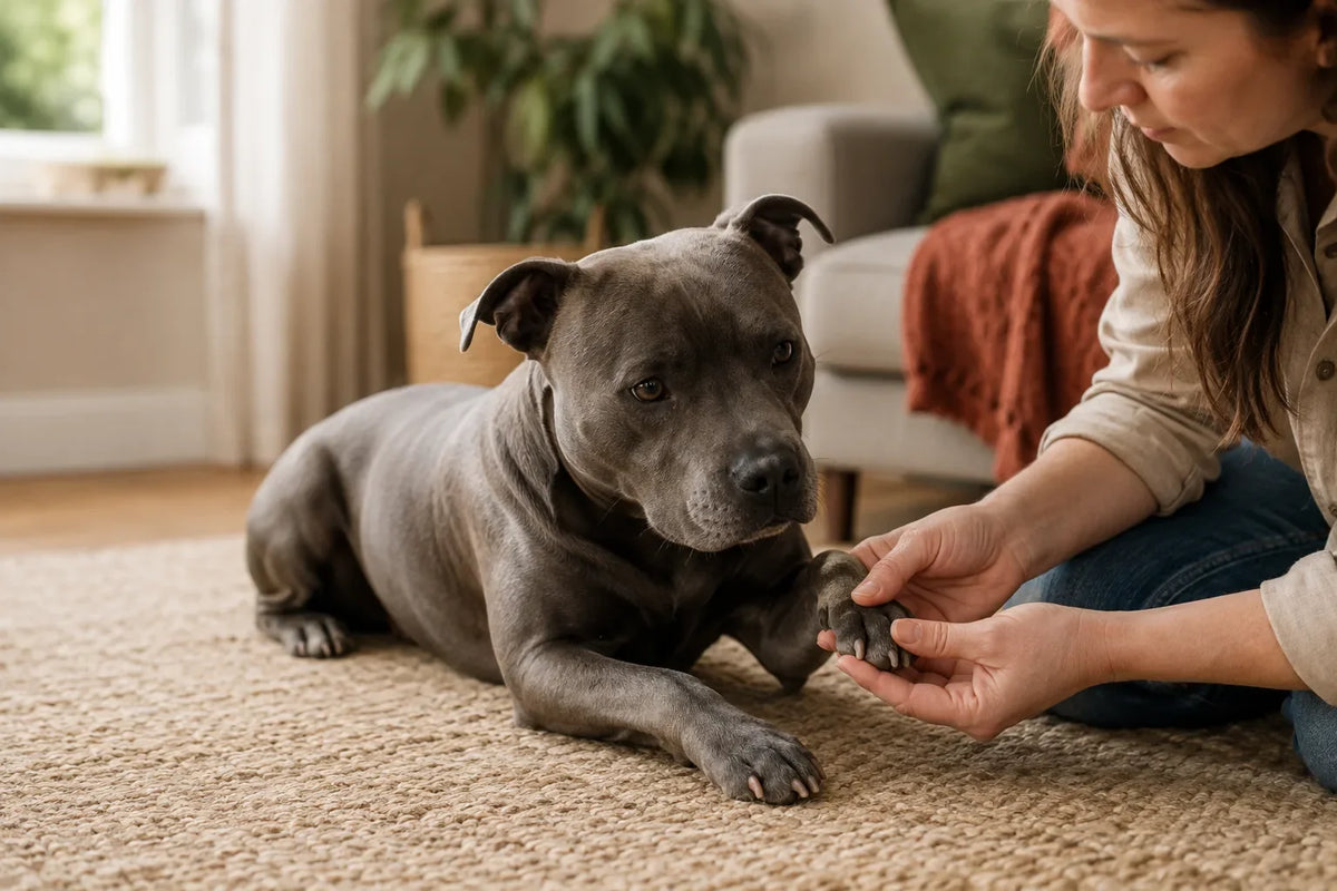 An owner gently checks one healthy Staffordshire Bull Terrier front paw