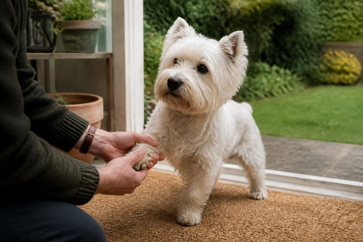 An owner gently checks a Westie's paw beside a garden doorway
