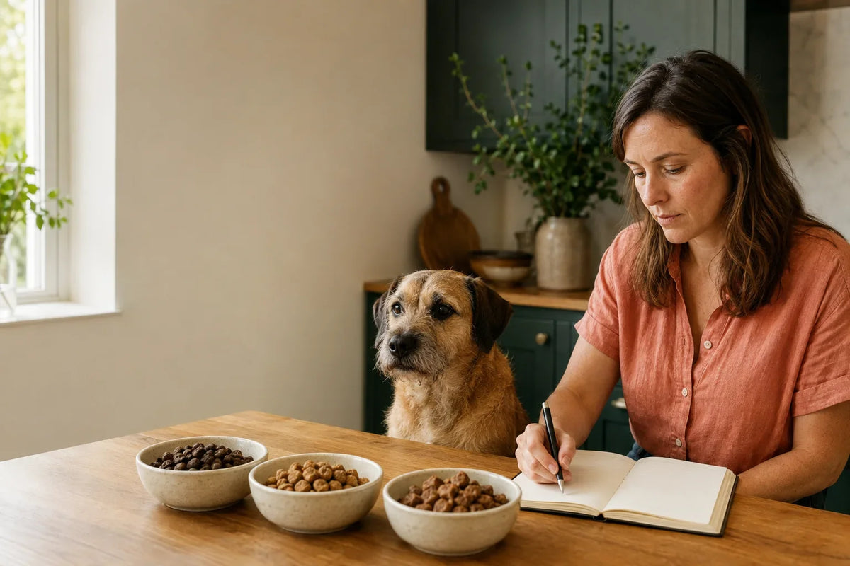 An owner reviews a dog's diet diary beside three plain food options