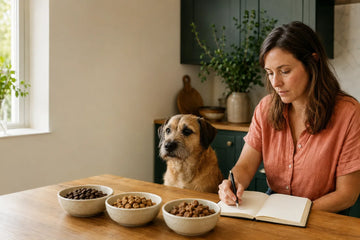 An owner reviews a dog's diet diary beside three plain food options