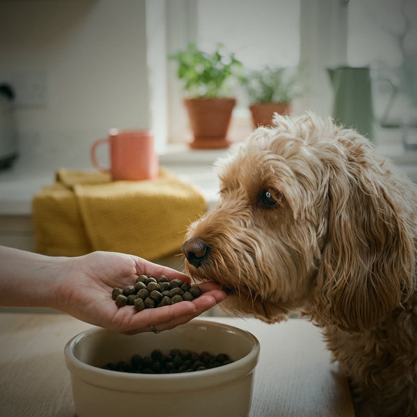 A handful of cold-pressed Some Grub pellets offered to a cockapoo
