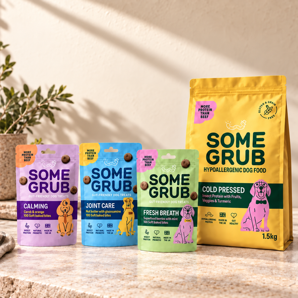 Some Grub sensitive dog bundle with one 1.5kg bag of hypoallergenic cold-pressed food and Calming, Joint Care and Fresh Breath treat pouches